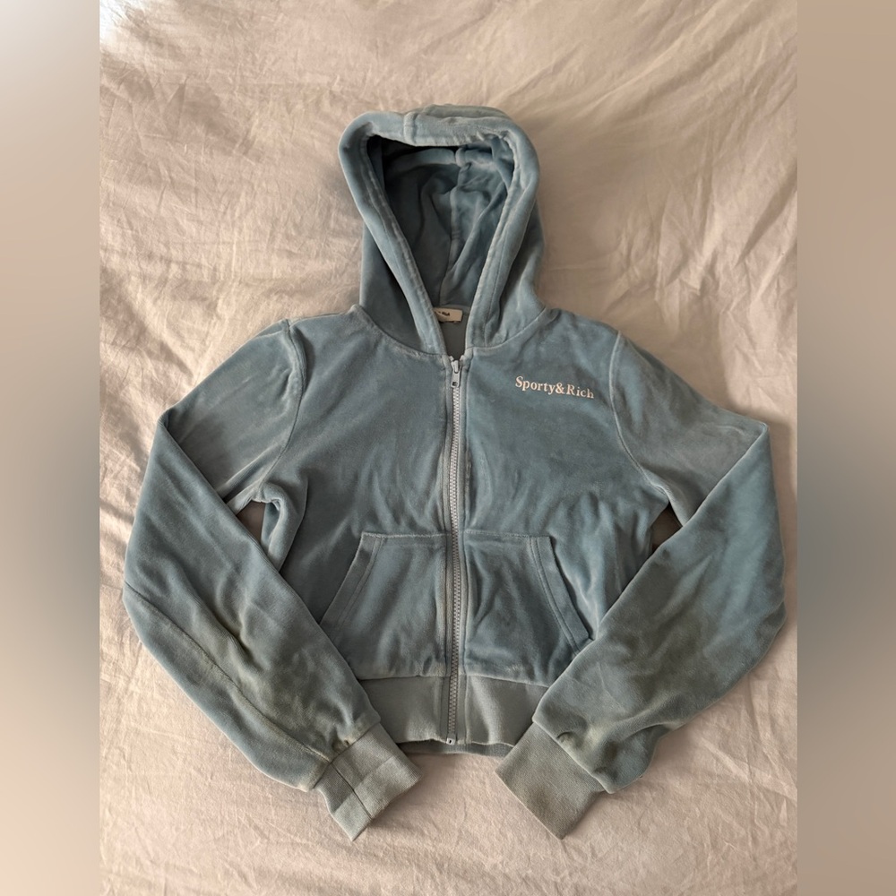 Sporty & Rich Light Blue Velour Health Graphic Hoodie